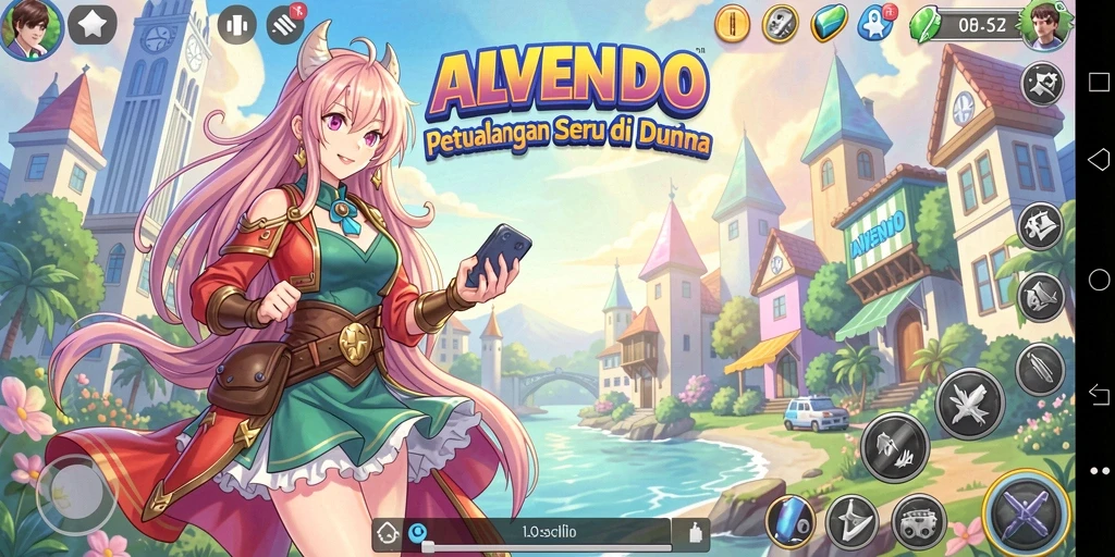 Tampilan gameplay utama ALVENDO menghadirkan karakter anime yang menawan.