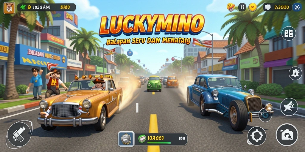 Screenshot gameplay LUCKYMINO menampilkan aksi balapan yang mendebarkan.