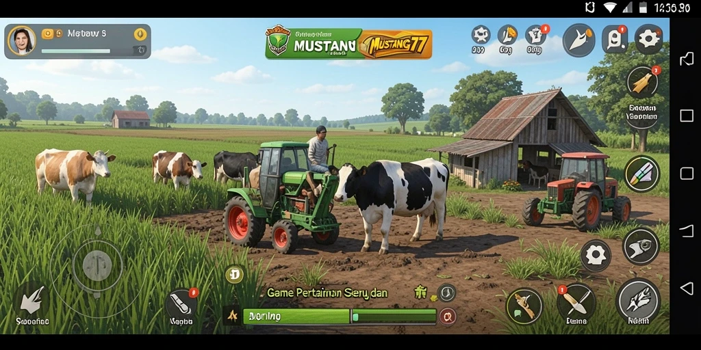 Tampilan gameplay yang menarik dari MUSTANG77 dengan elemen pertanian.